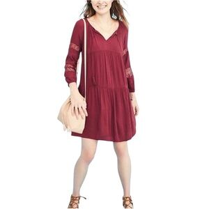 Elegant Burgundy Boho Long Sleeve Dress Size L